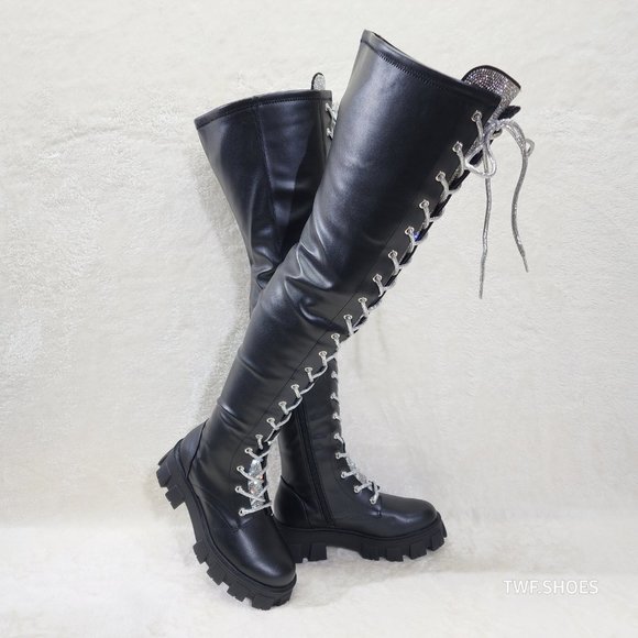 Roscoe Black Combat Thigh High Boots Iridescent Rhinestone Tongue Metallic Laces - Picture 4 of 14